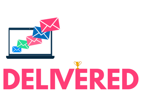 Illustration of email deliverability, an illustration of a laptop and the word delivered.