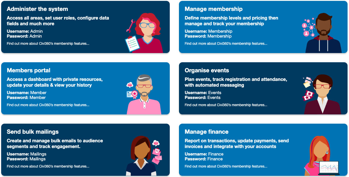 image of demo site log in page, with system administrator, membership manager, member portal, events, mailings and finance as separate areas.